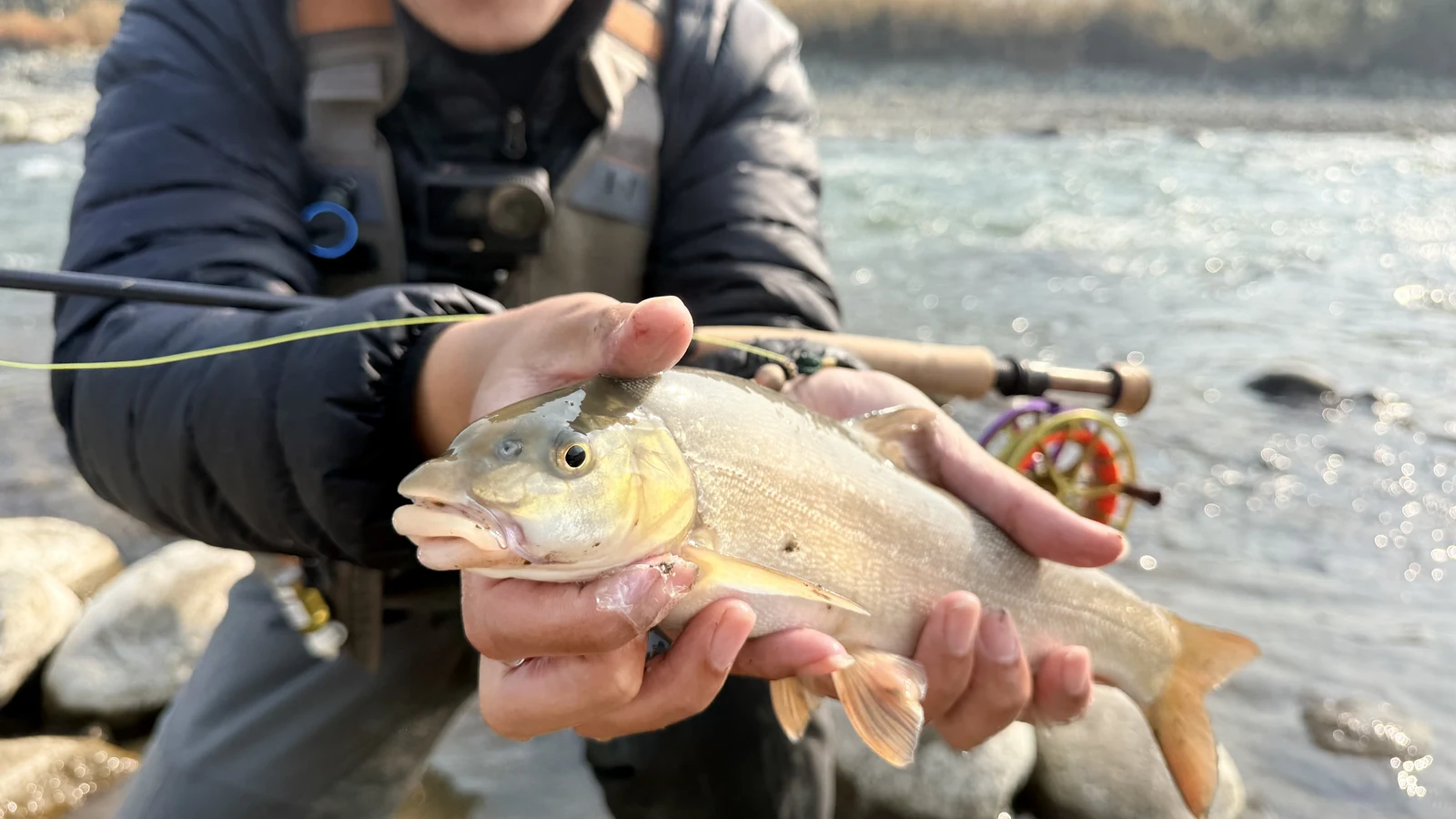 A catch held close, with the river and a fly rod behind it